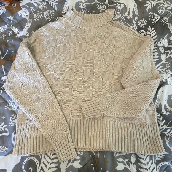 Buckle Sweaters - Buckle S long sleeve sweater checker knit turtleneck cold shoulder asymmetrical